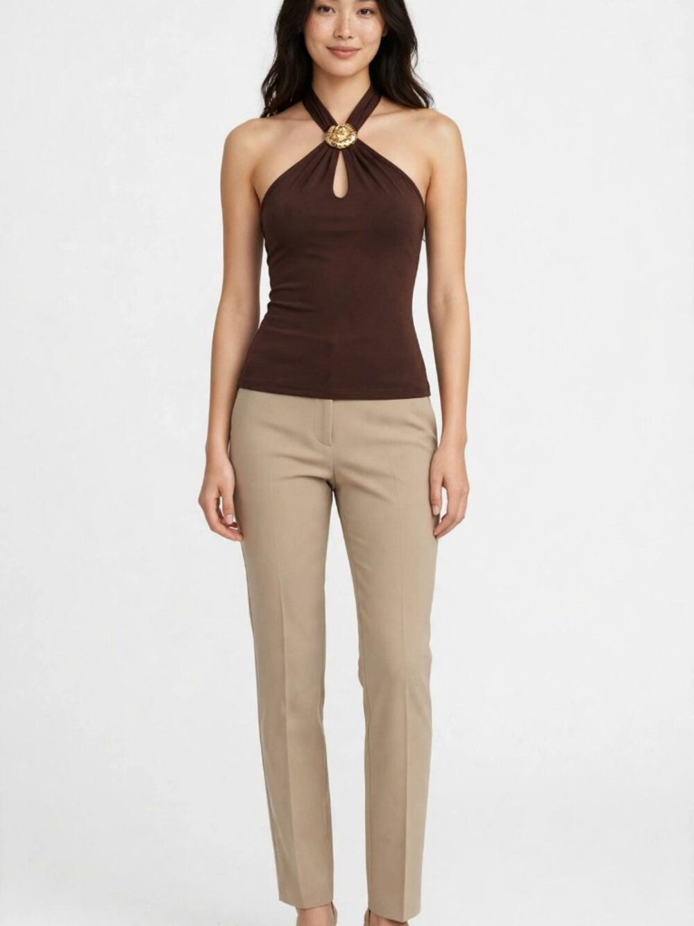 Chocolate Brown Gold Ring Halter Neck Crop Top Going Out — M